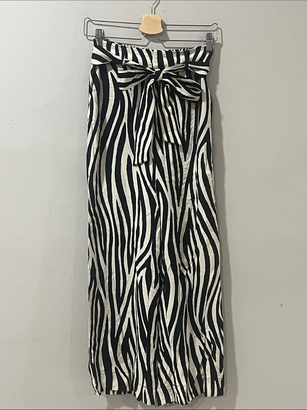 Mango Black & White Zebra-Print Wide Leg Pants with Tie Waist